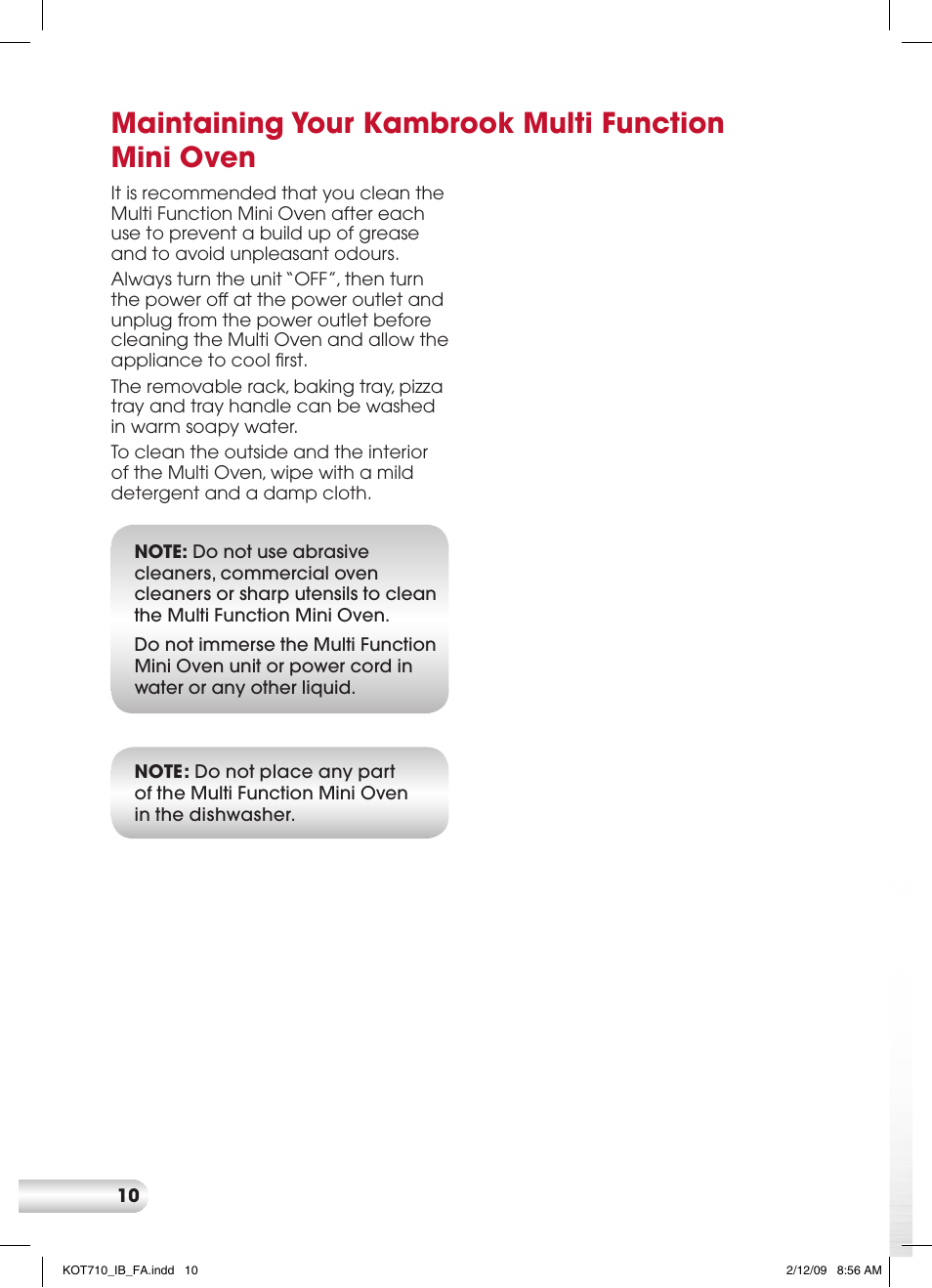 Maintaining your kambrook multi function mini oven | Kambrook KOT710 User Manual | Page 10 / 20
