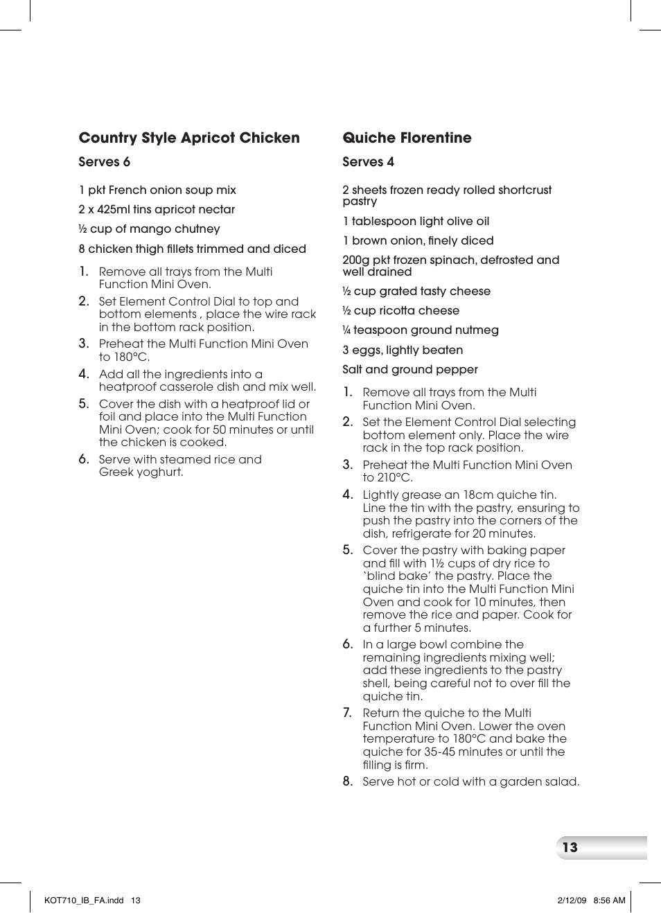 Country style apricot chicken, Quiche florentine | Kambrook KOT710 User Manual | Page 13 / 20