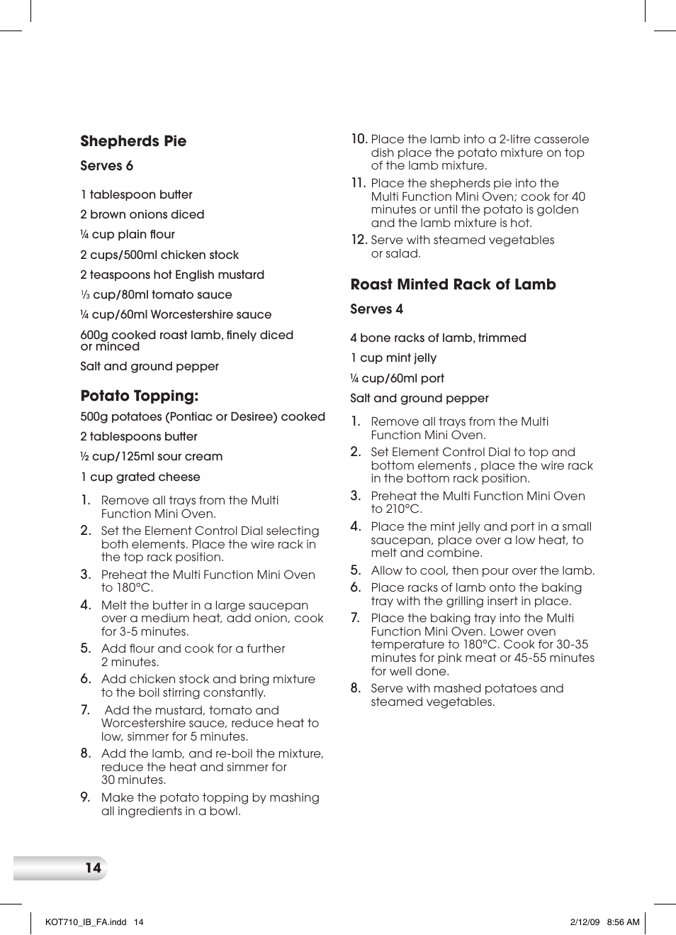 Shepherds pie, Potato topping, Roast minted rack of lamb | Kambrook KOT710 User Manual | Page 14 / 20