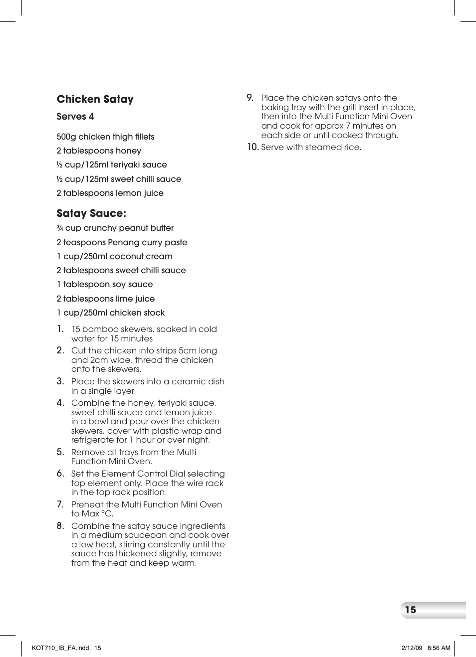 Chicken satay, Satay sauce | Kambrook KOT710 User Manual | Page 15 / 20