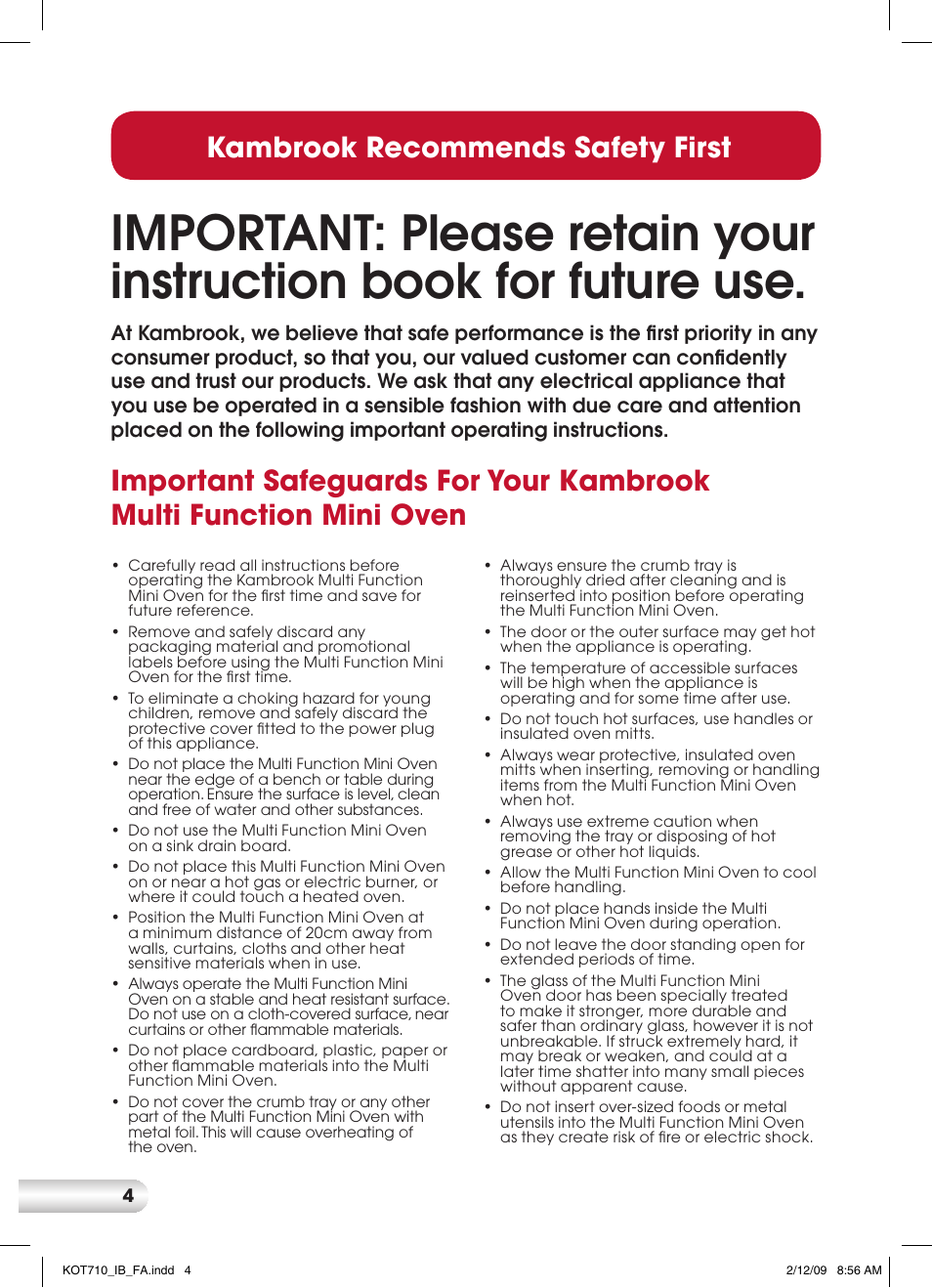 Kambrook recommends safety first | Kambrook KOT710 User Manual | Page 4 / 20