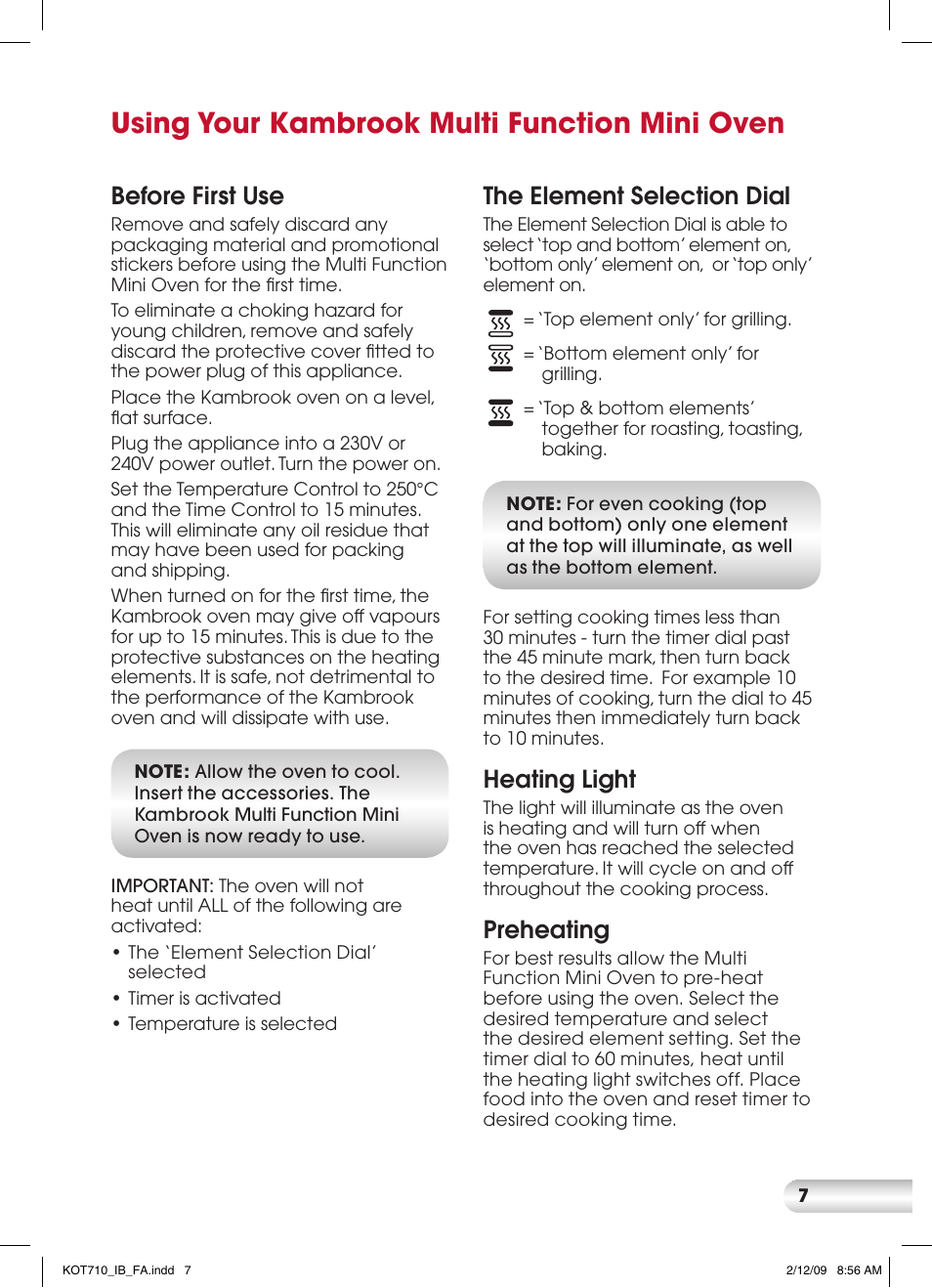 Using your kambrook multi function mini oven, Before first use, The element selection dial | Heating light, Preheating | Kambrook KOT710 User Manual | Page 7 / 20