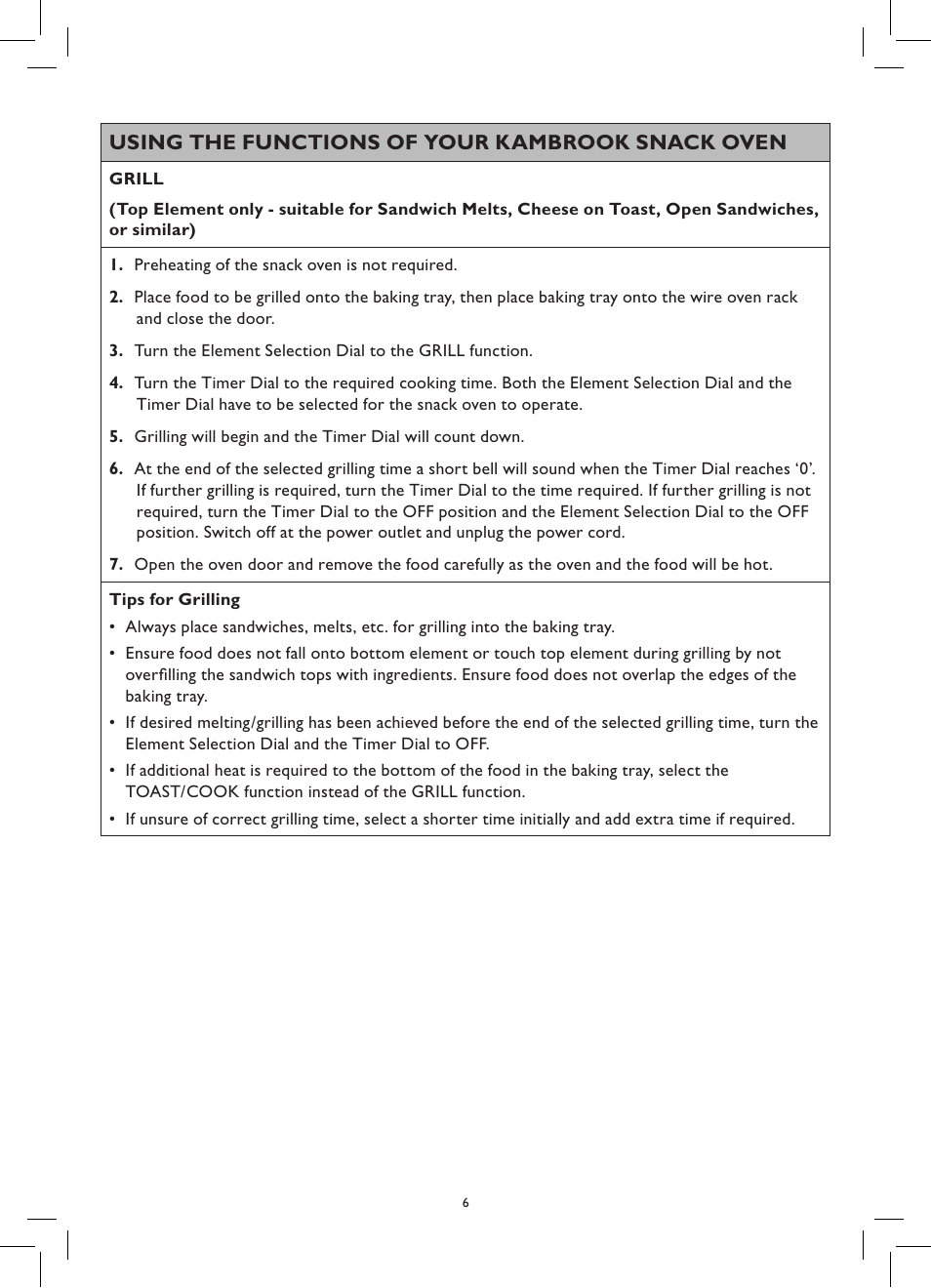 Using the functions of your kambrook snack oven | Kambrook SNACK OVEN KOT65 User Manual | Page 6 / 12