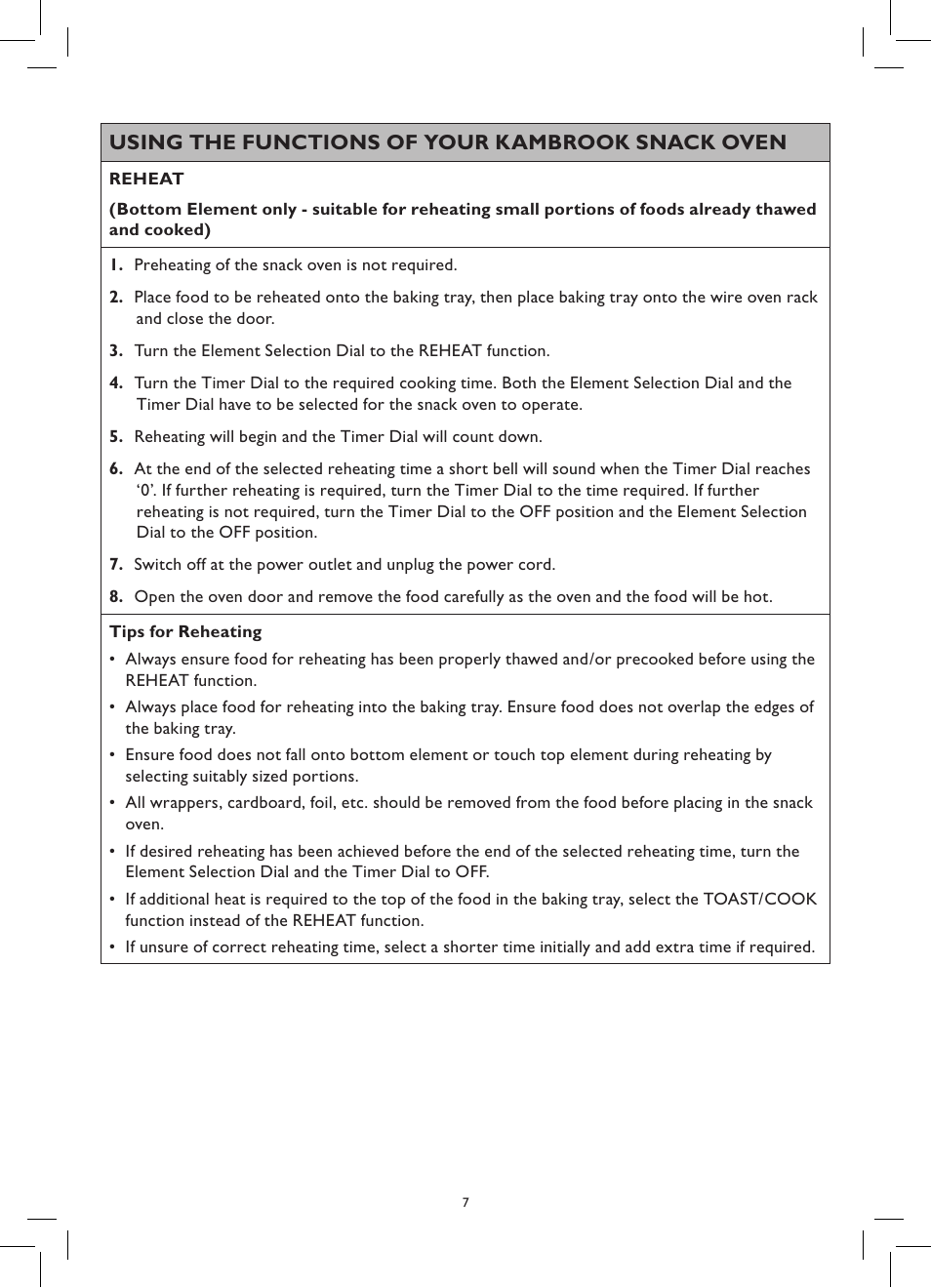 Using the functions of your kambrook snack oven | Kambrook SNACK OVEN KOT65 User Manual | Page 7 / 12