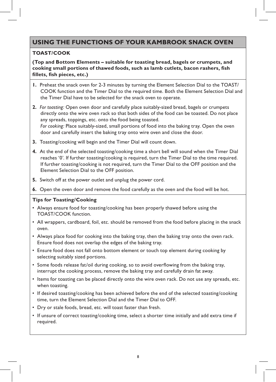 Using the functions of your kambrook snack oven | Kambrook SNACK OVEN KOT65 User Manual | Page 8 / 12