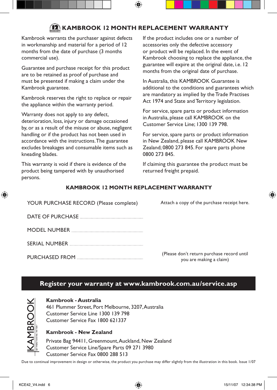 Kambrook 12 month replacement warranty | Kambrook KCE42 User Manual | Page 6 / 6