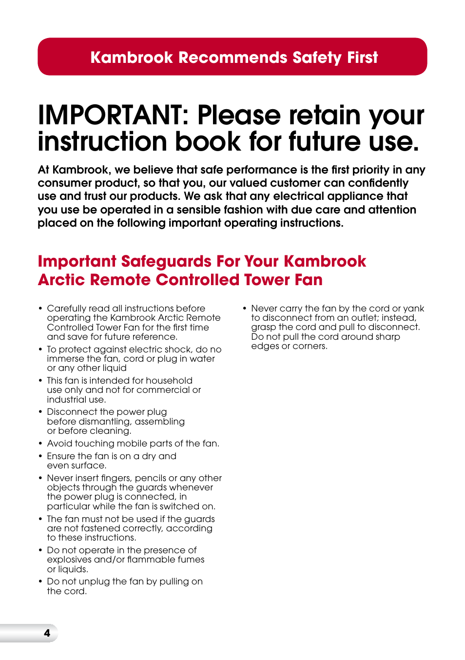 Kambrook recommends safety first | Kambrook ARCTIC KFA835 User Manual | Page 4 / 12