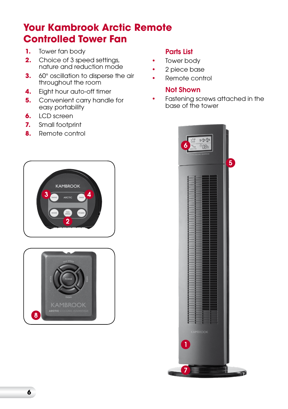 Your kambrook arctic remote controlled tower fan | Kambrook ARCTIC KFA835 User Manual | Page 6 / 12