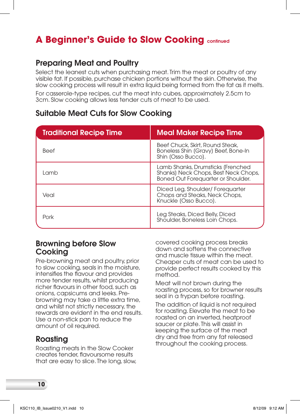 A beginner’s guide to slow cooking, Preparing meat and poultry, Roasting | Traditional recipe time meal maker recipe time | Kambrook KSC110 User Manual | Page 10 / 28