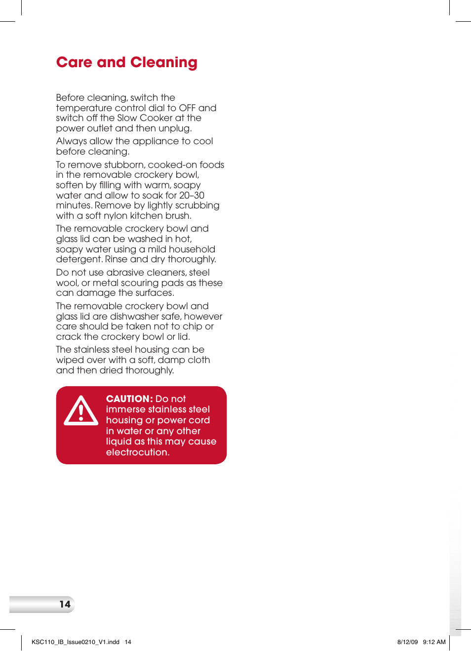 Care and cleaning | Kambrook KSC110 User Manual | Page 14 / 28