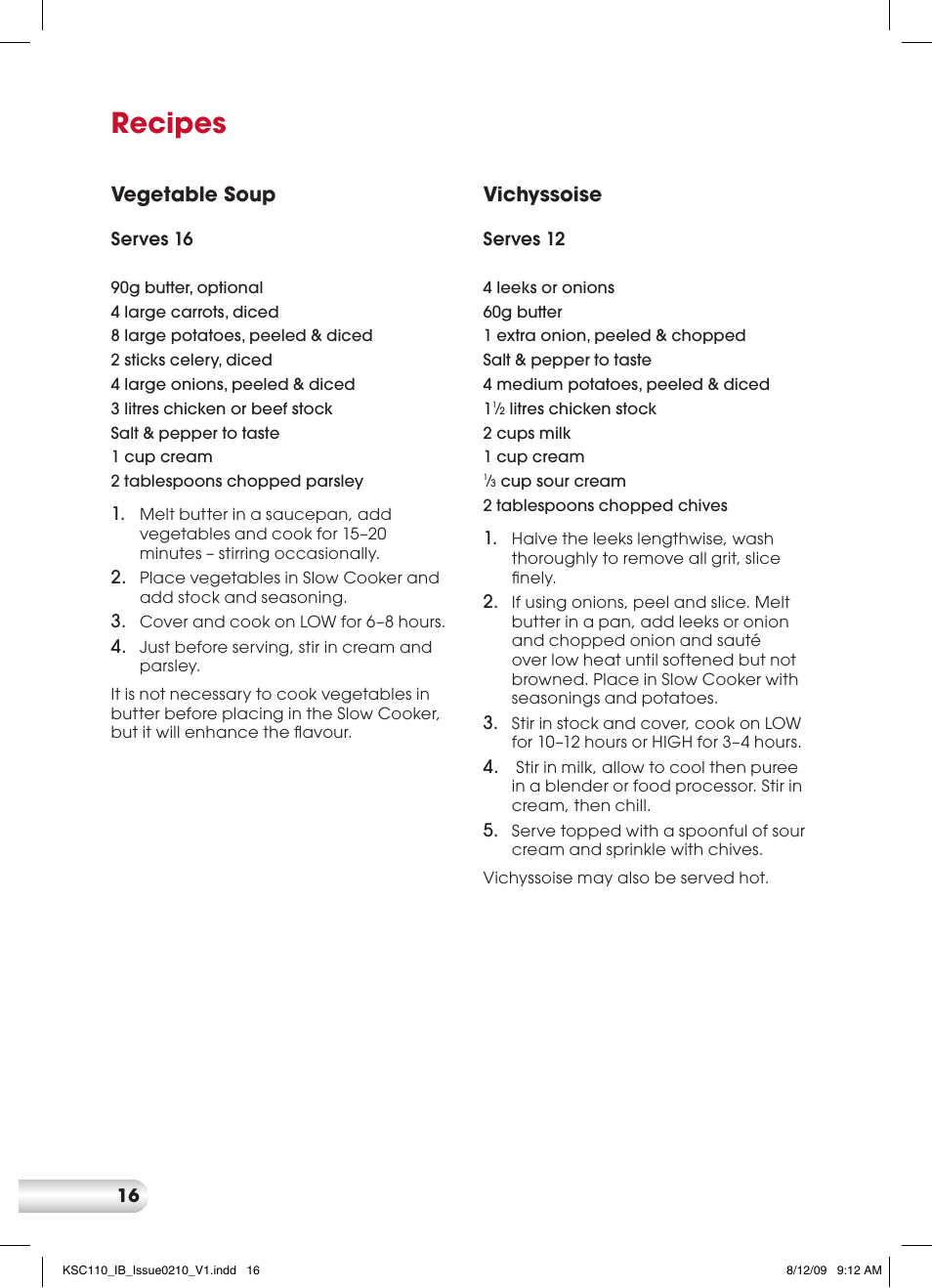 Recipes, Vegetable soup, Vichyssoise | Kambrook KSC110 User Manual | Page 16 / 28