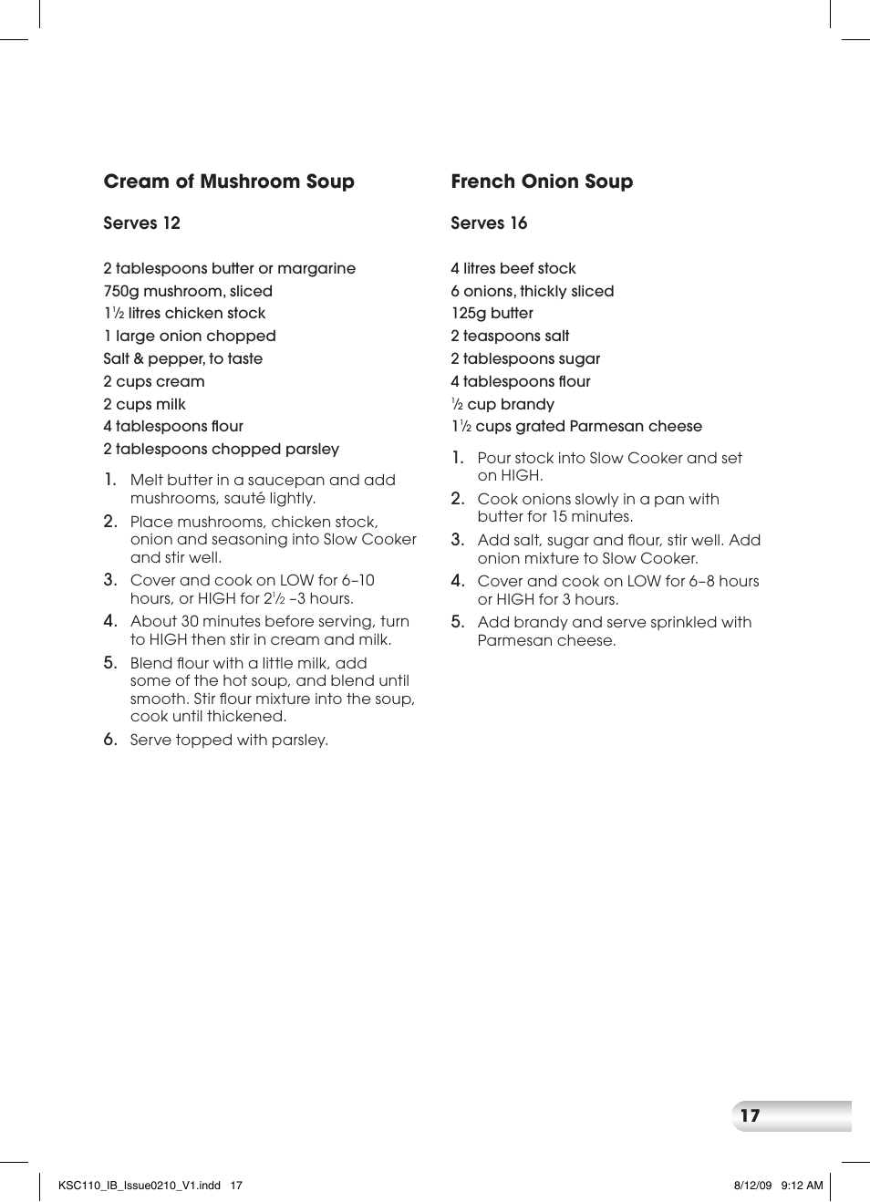 Cream of mushroom soup, French onion soup | Kambrook KSC110 User Manual | Page 17 / 28