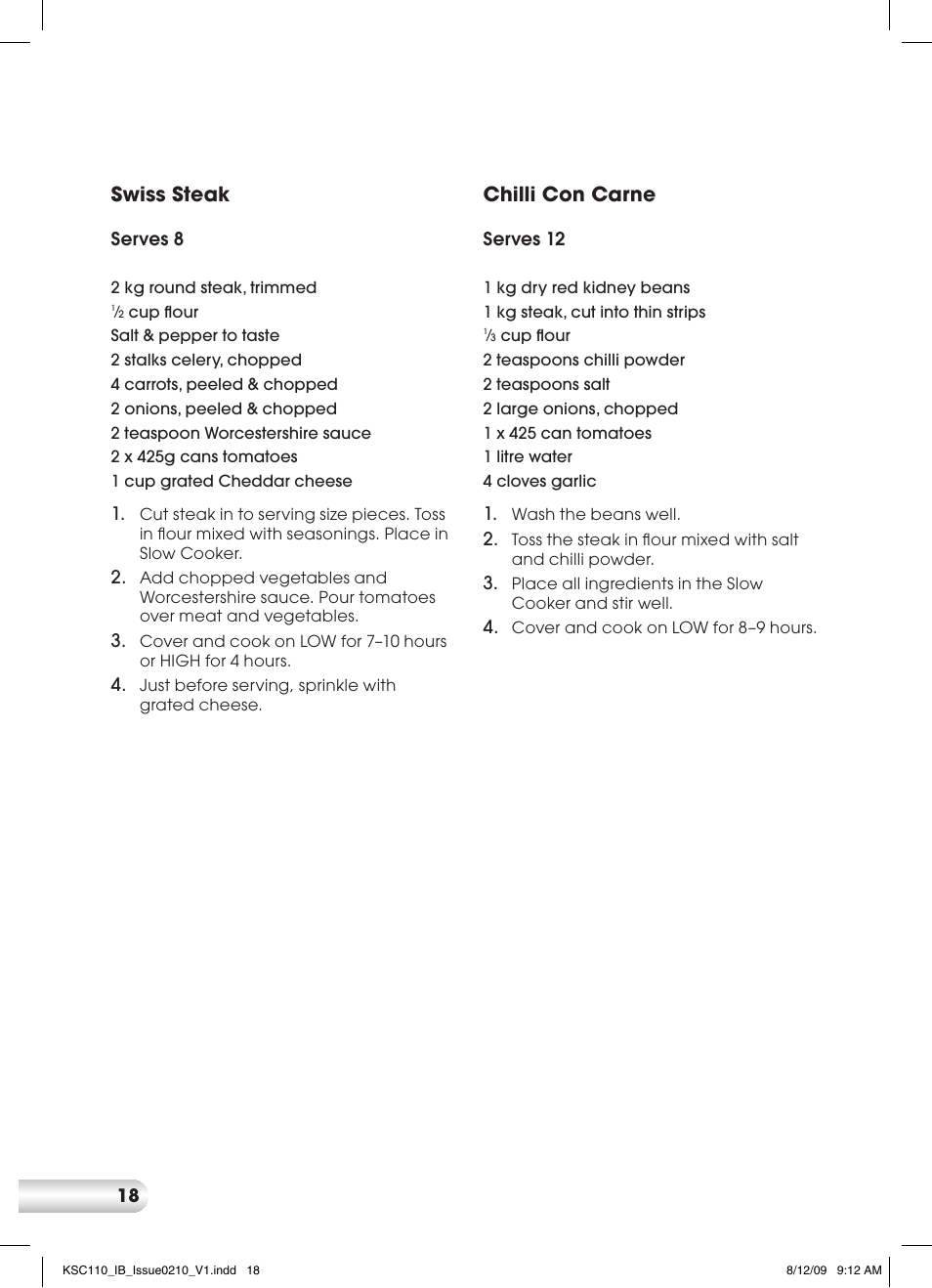 Swiss steak, Chilli con carne | Kambrook KSC110 User Manual | Page 18 / 28