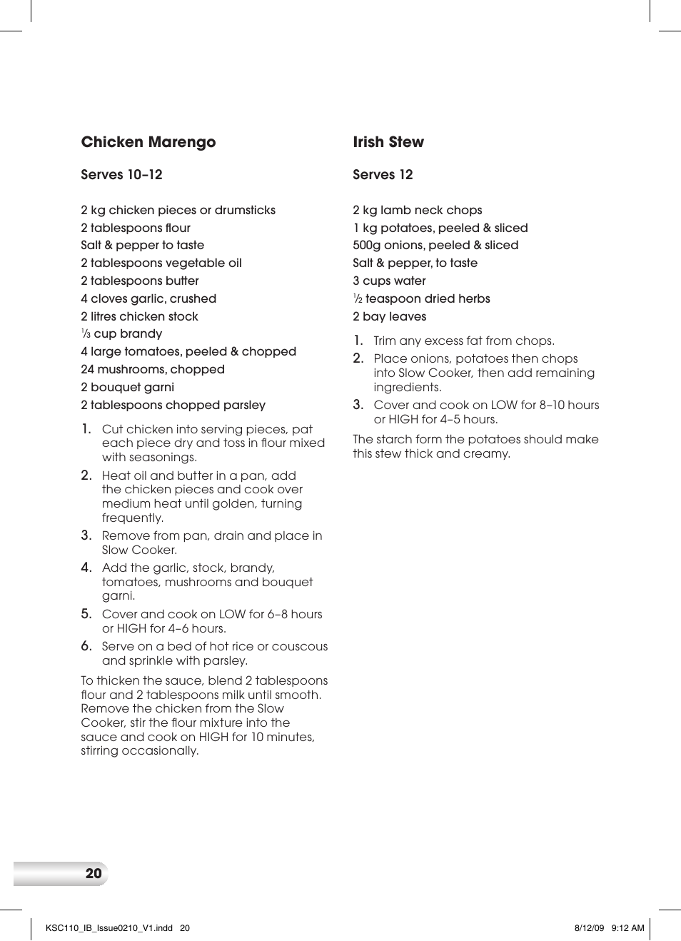 Chicken marengo, Irish stew | Kambrook KSC110 User Manual | Page 20 / 28