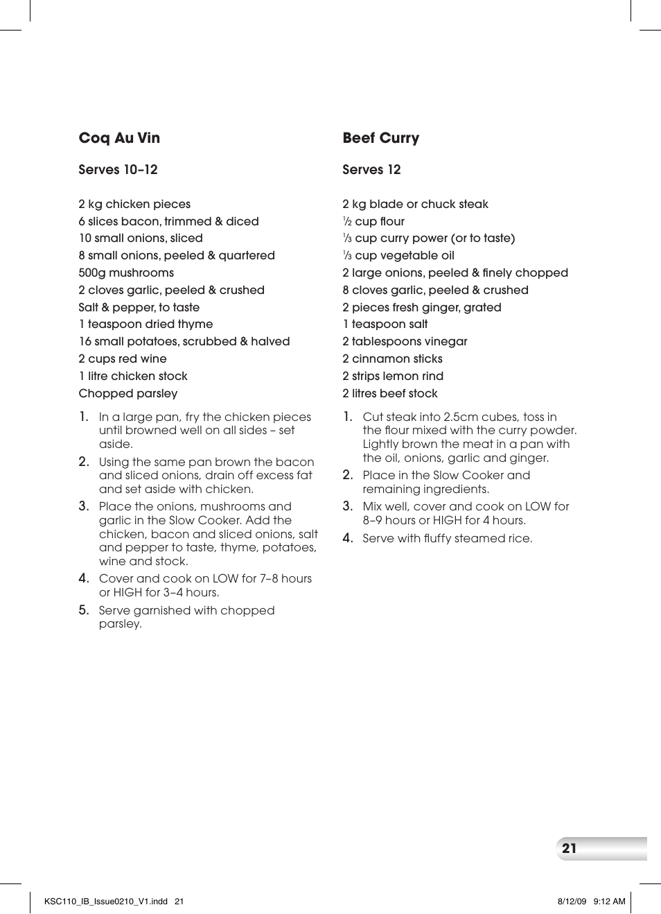 Coq au vin, Beef curry | Kambrook KSC110 User Manual | Page 21 / 28