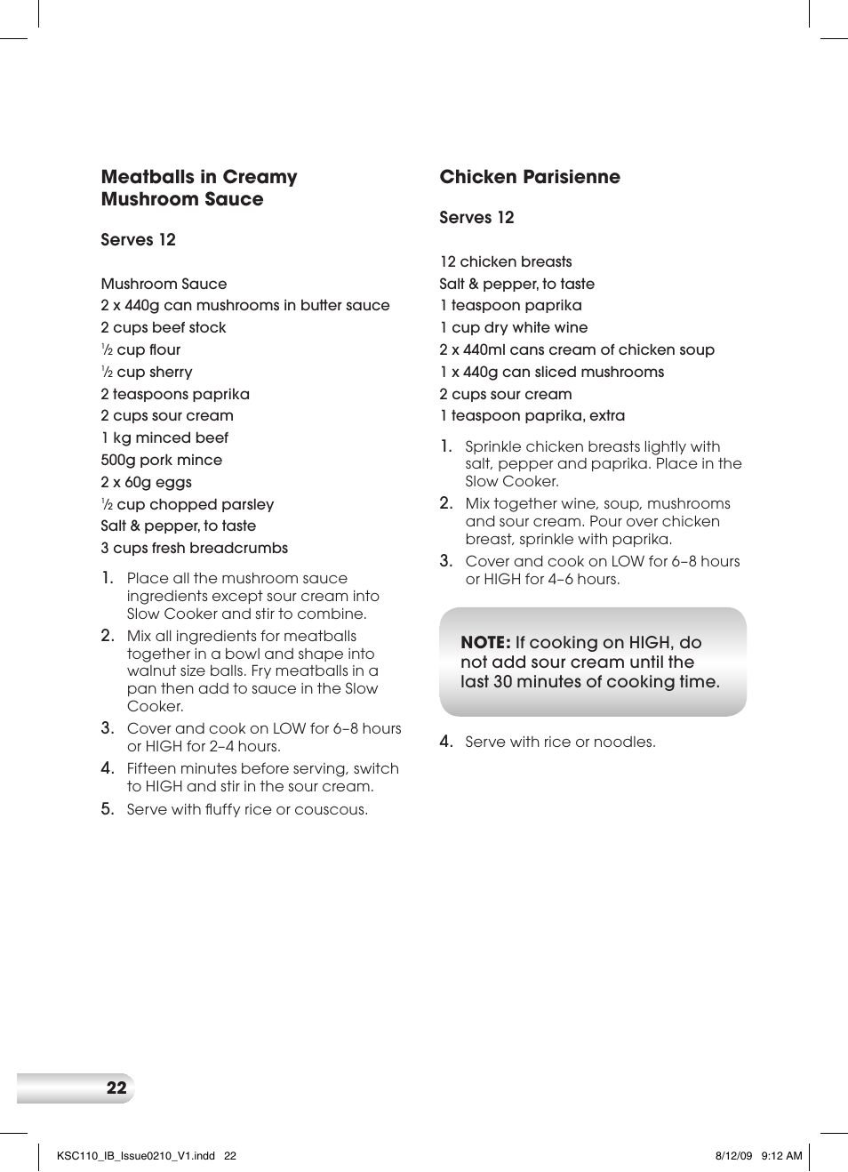 Meatballs in creamy mushroom sauce, Chicken parisienne | Kambrook KSC110 User Manual | Page 22 / 28