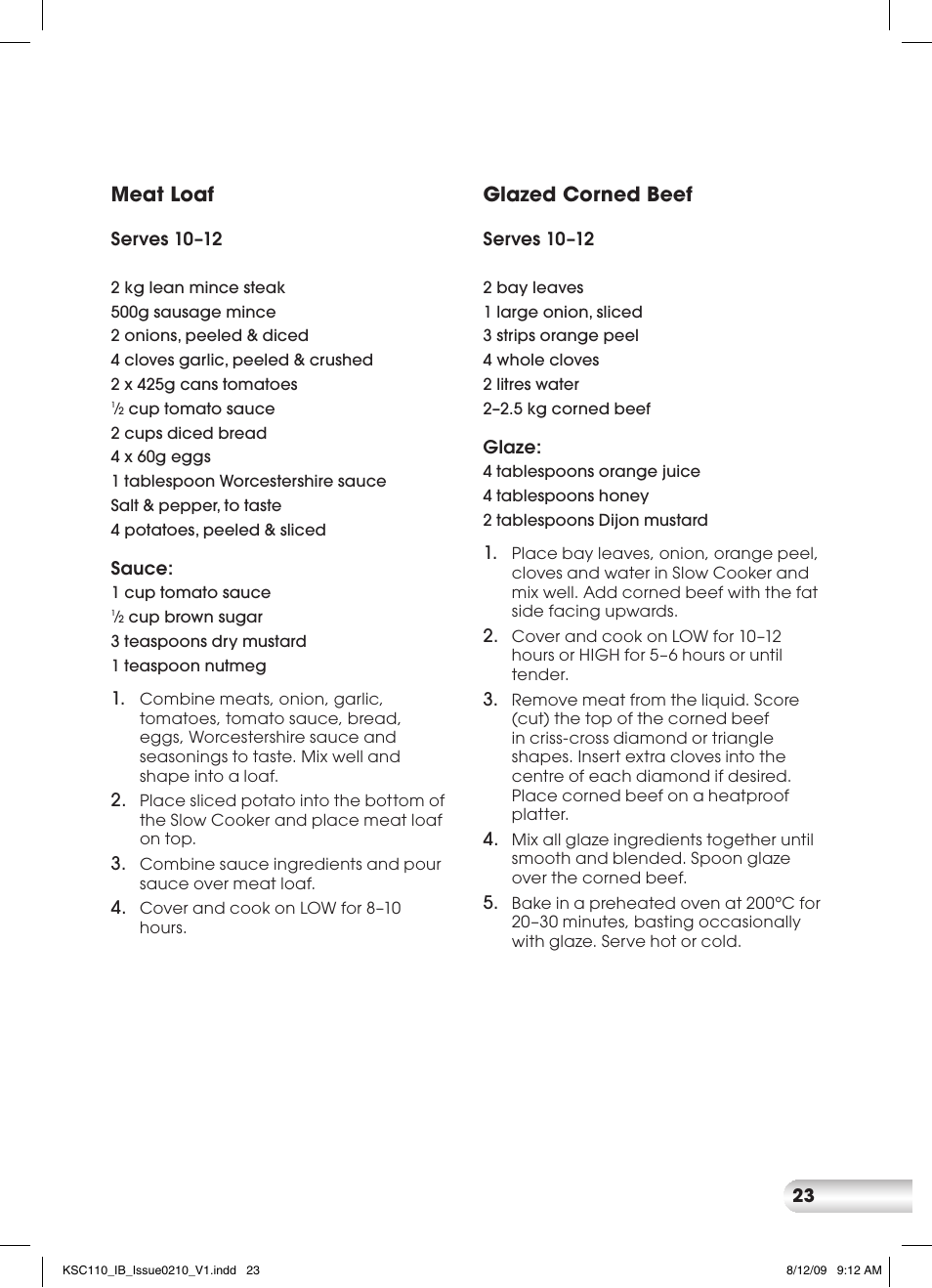 Meat loaf, Glazed corned beef | Kambrook KSC110 User Manual | Page 23 / 28