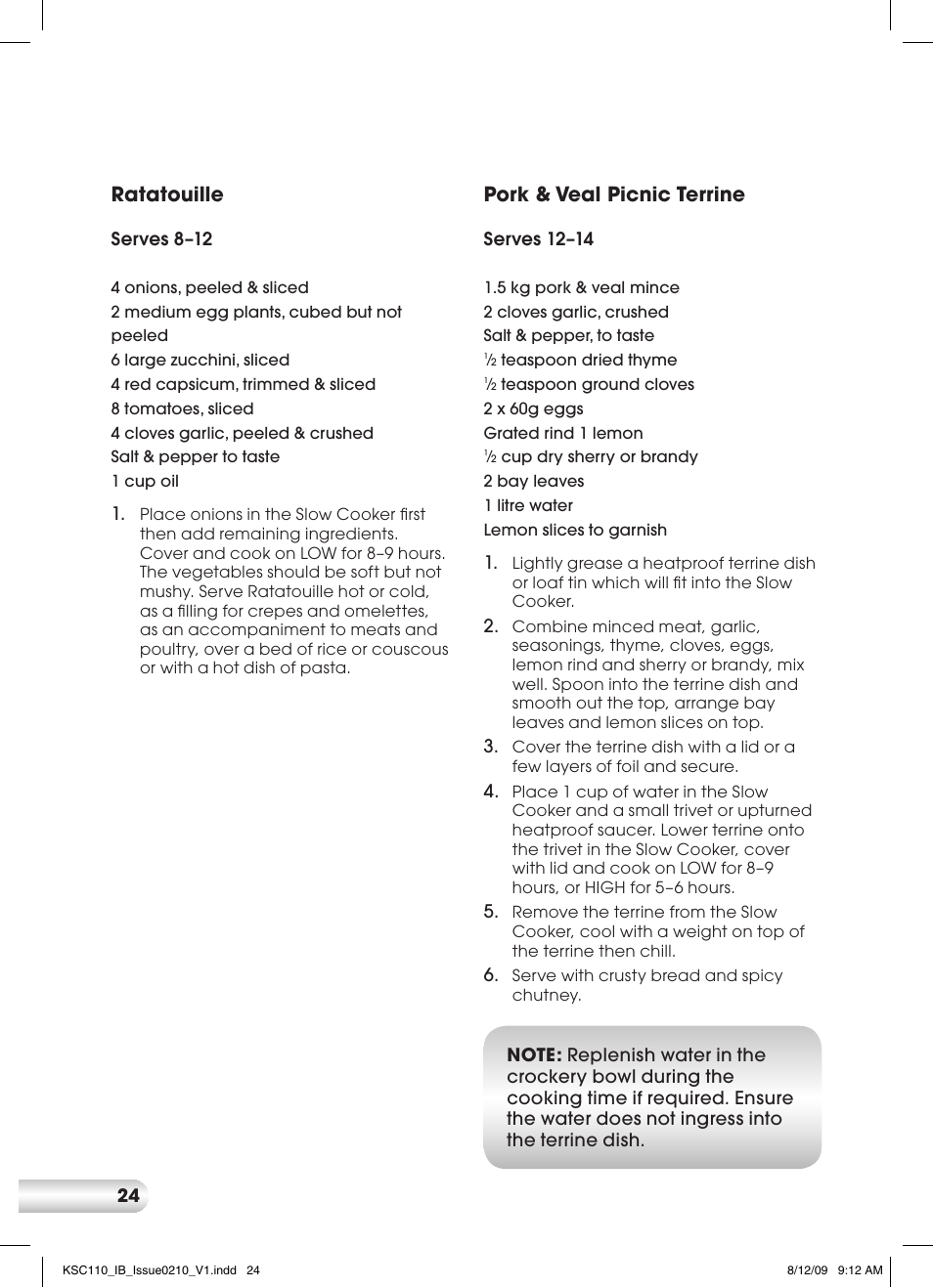 Pork & veal picnic terrine, Ratatouille | Kambrook KSC110 User Manual | Page 24 / 28