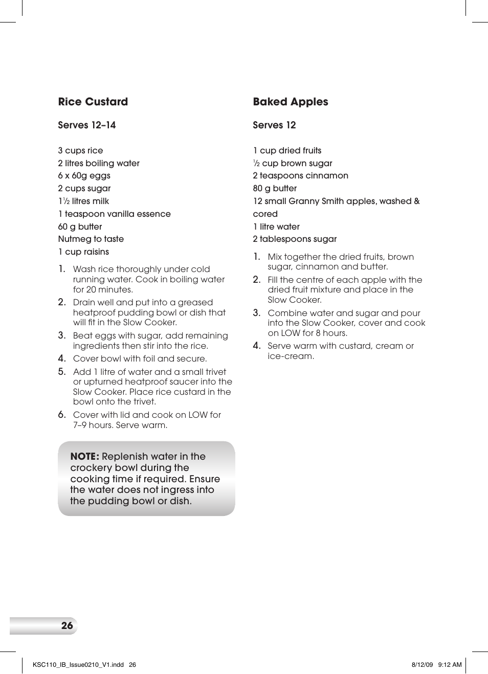 Rice custard, Baked apples | Kambrook KSC110 User Manual | Page 26 / 28