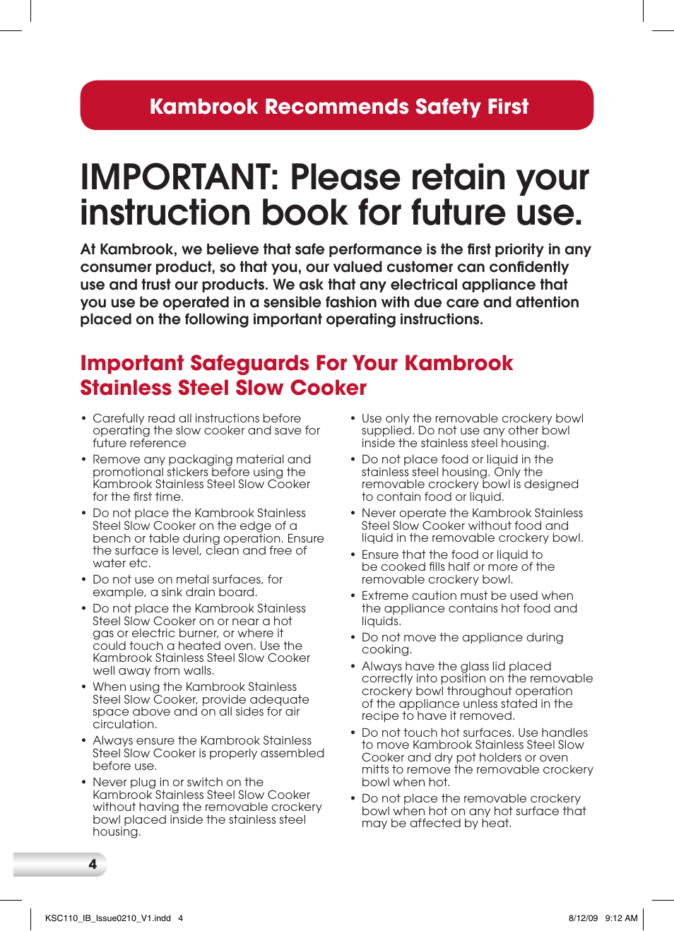 Kambrook recommends safety first | Kambrook KSC110 User Manual | Page 4 / 28