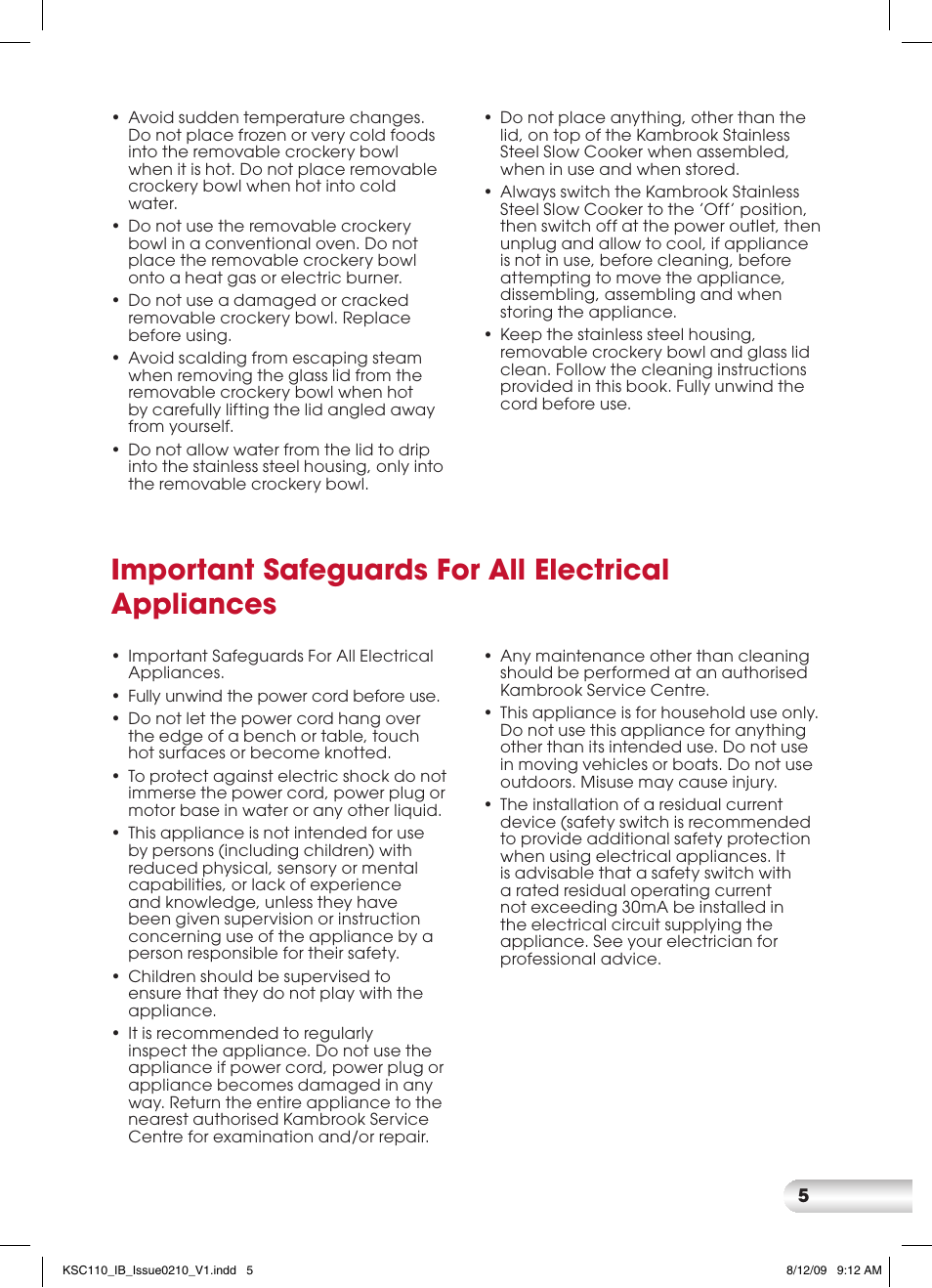 Important safeguards for all electrical appliances | Kambrook KSC110 User Manual | Page 5 / 28