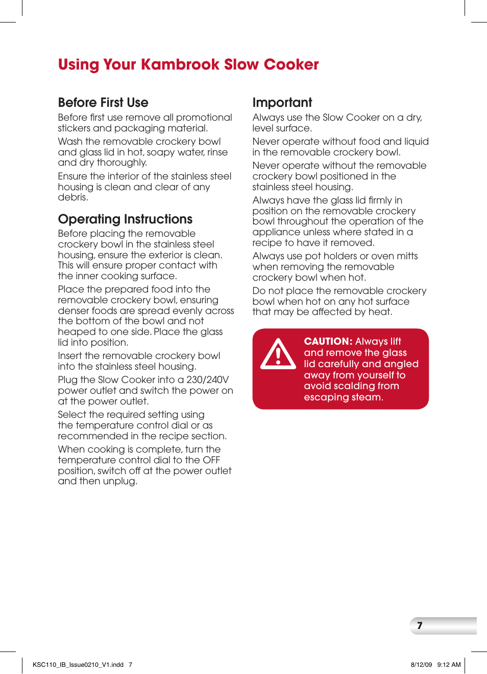 Using your kambrook slow cooker, Before first use, Operating instructions | Important | Kambrook KSC110 User Manual | Page 7 / 28