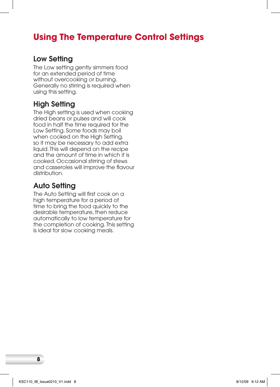 Using the temperature control settings, Low setting, High setting | Auto setting | Kambrook KSC110 User Manual | Page 8 / 28