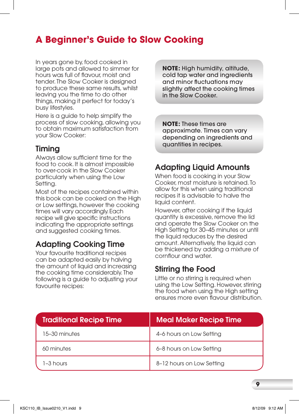 A beginner’s guide to slow cooking, Timing, Adapting cooking time | Adapting liquid amounts, Stirring the food, Traditional recipe time meal maker recipe time | Kambrook KSC110 User Manual | Page 9 / 28