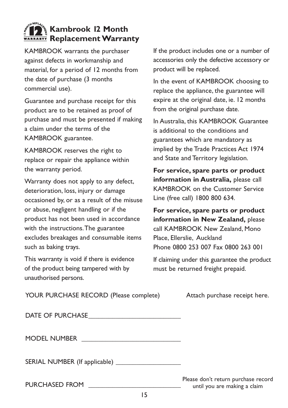 Kambrook 12 month replacement warranty | Kambrook KOT500 User Manual | Page 15 / 16