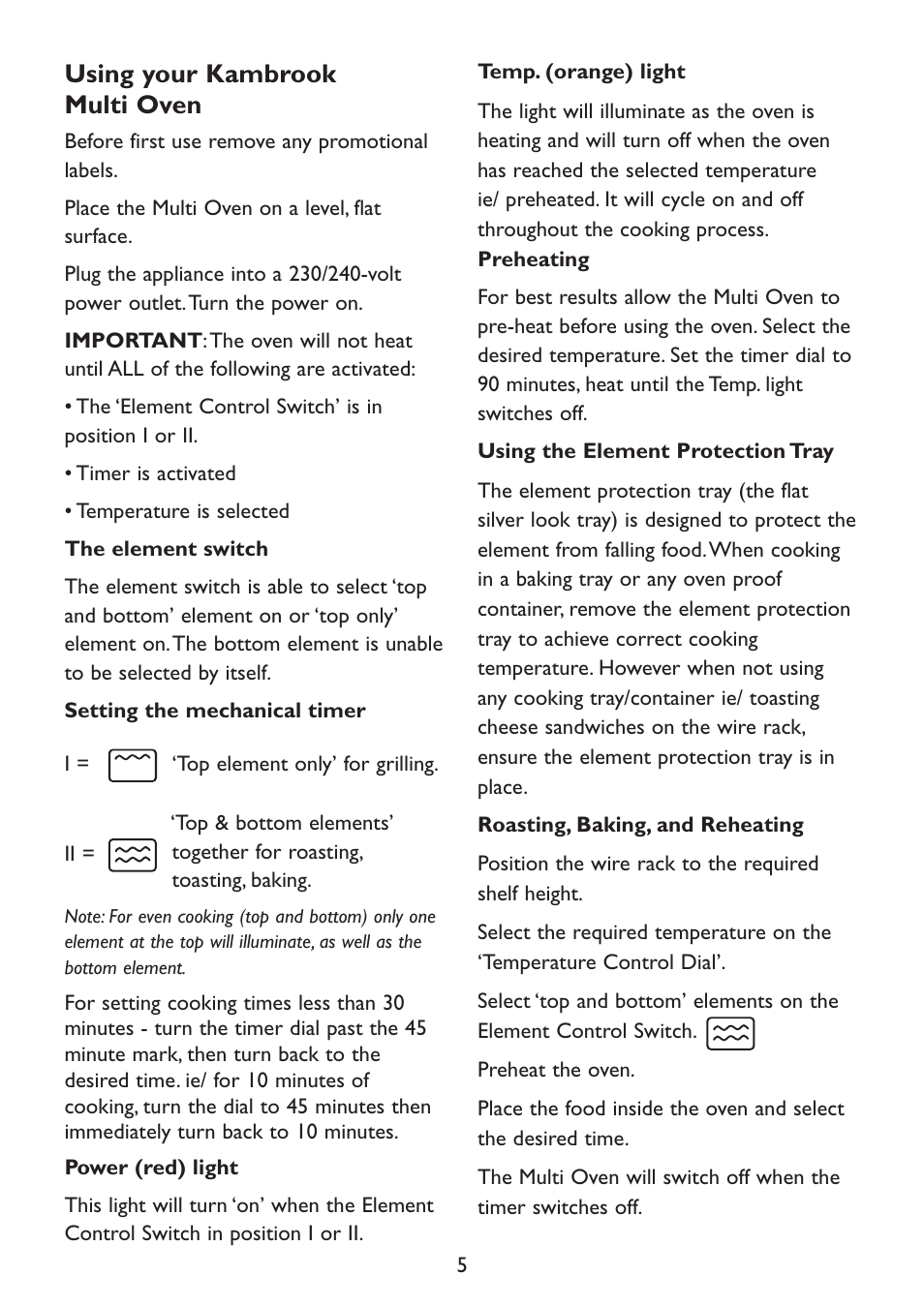 Using your kambrook multi oven | Kambrook KOT500 User Manual | Page 5 / 16