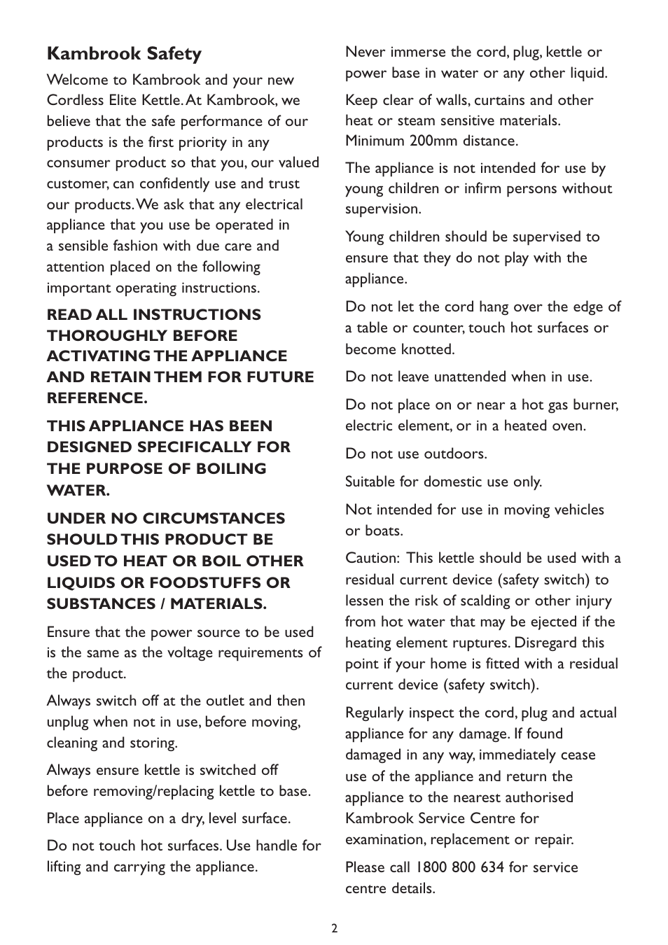 Kambrook safety | Kambrook Elite Kettle KAK5 User Manual | Page 2 / 8