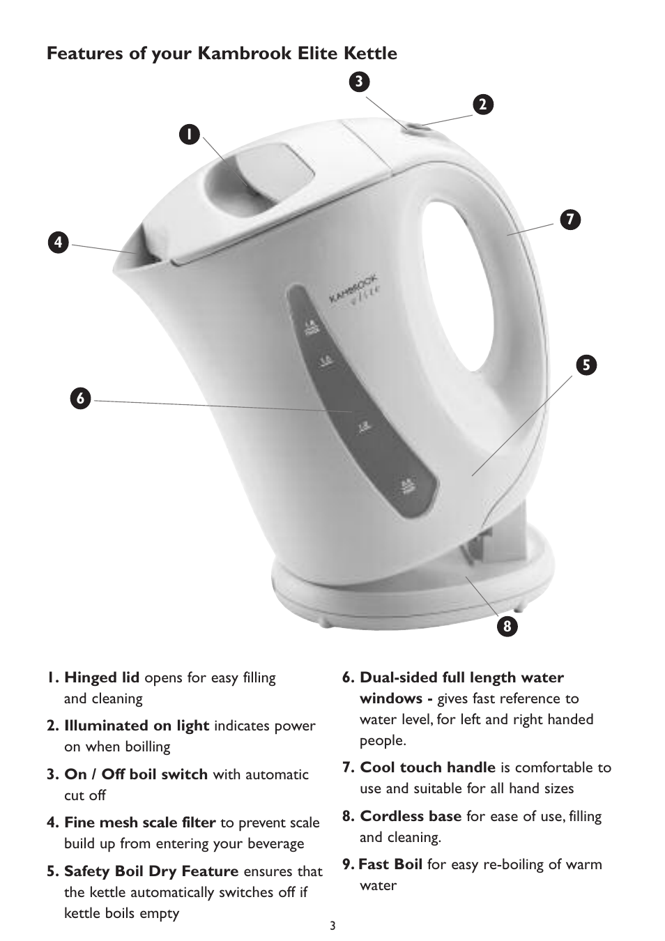 Features of your kambrook elite kettle | Kambrook Elite Kettle KAK5 User Manual | Page 3 / 8