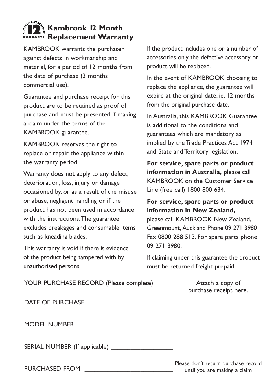 Kambrook 12 month replacement warranty | Kambrook Banquet Frypan KEF16 User Manual | Page 15 / 16