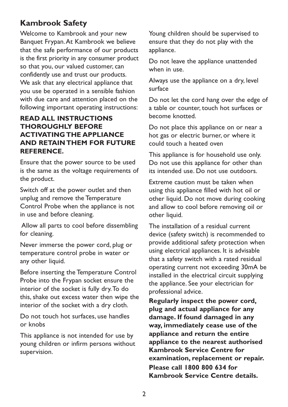 Kambrook safety | Kambrook Banquet Frypan KEF16 User Manual | Page 2 / 16
