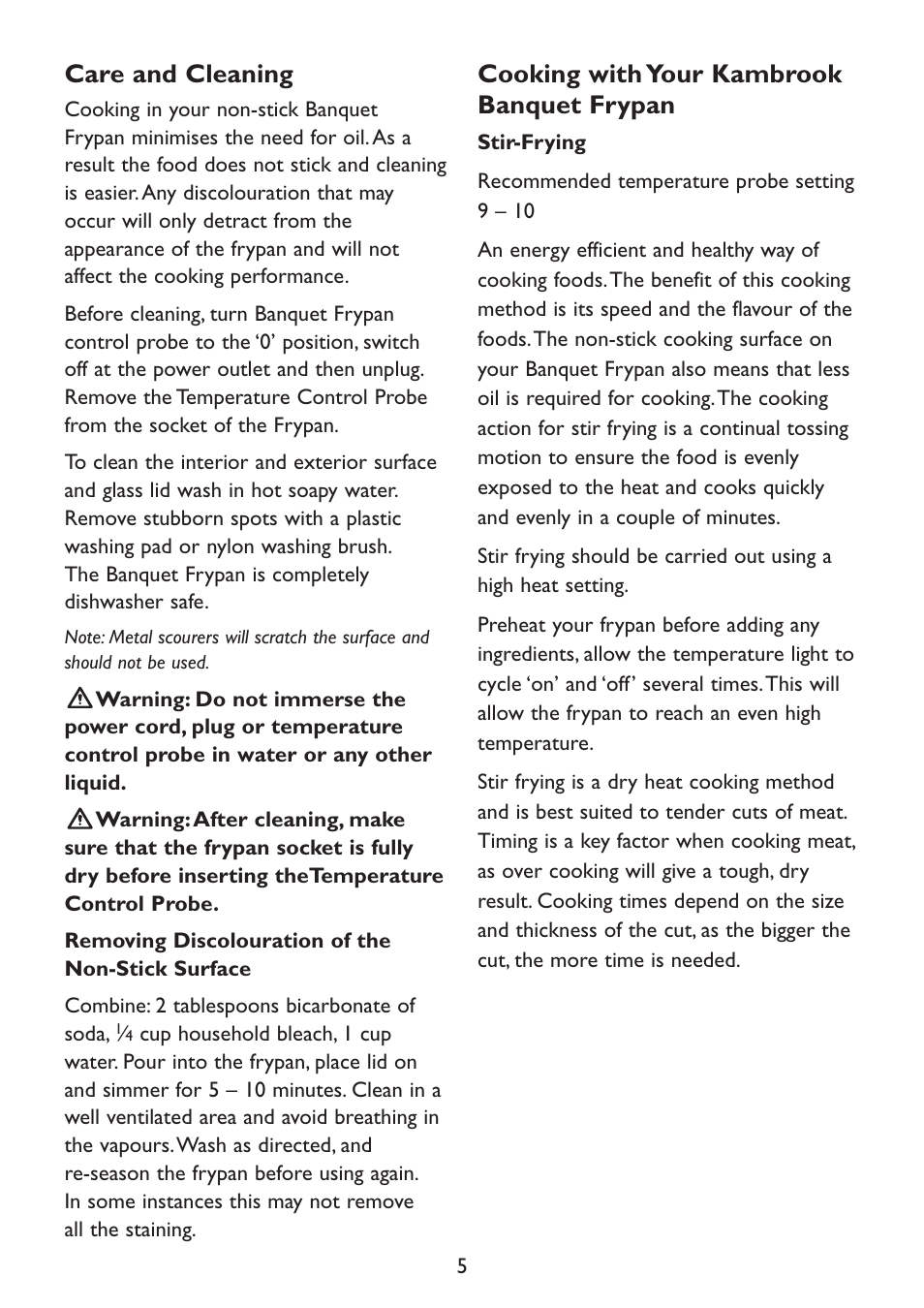 Care and cleaning, Cooking with your kambrook banquet frypan | Kambrook Banquet Frypan KEF16 User Manual | Page 5 / 16