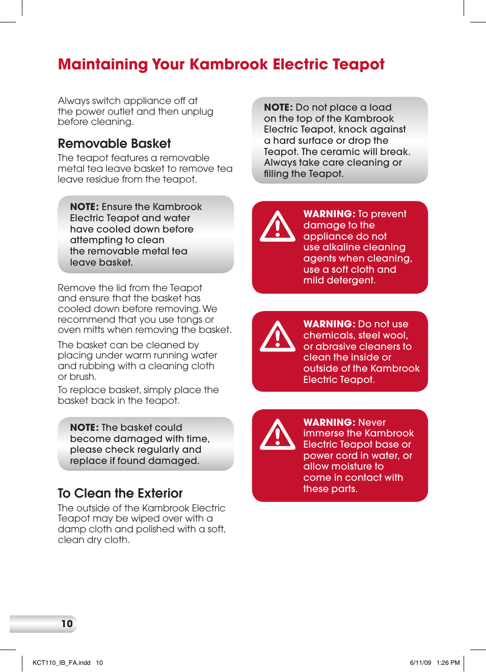 Maintaining your kambrook electric teapot, Removable basket | Kambrook KCT110 User Manual | Page 10 / 16