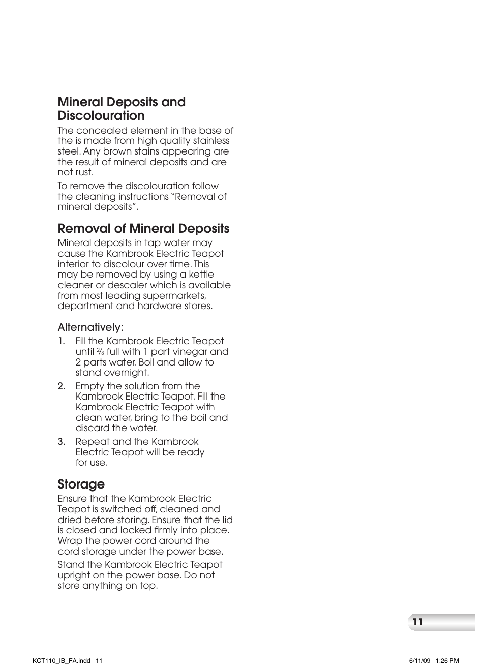 Mineral deposits and discolouration, Removal of mineral deposits, Storage | Kambrook KCT110 User Manual | Page 11 / 16