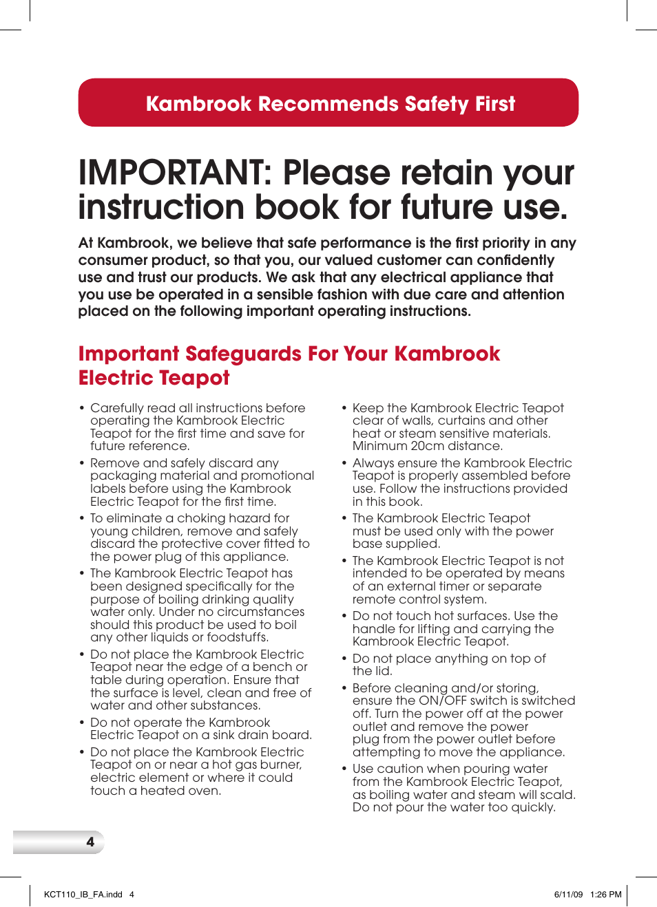 Kambrook recommends safety first | Kambrook KCT110 User Manual | Page 4 / 16