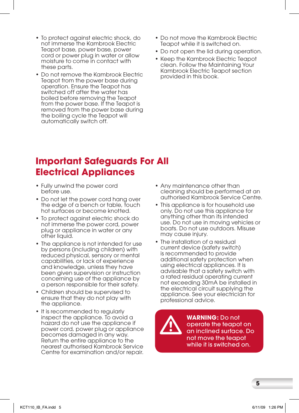 Important safeguards for all electrical appliances | Kambrook KCT110 User Manual | Page 5 / 16