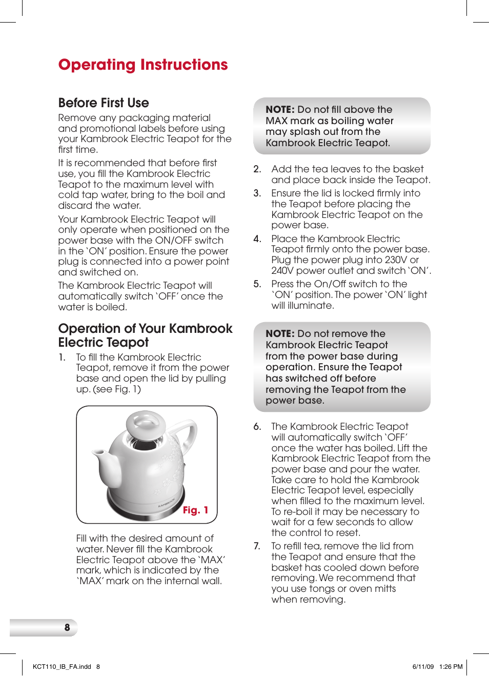 Operating instructions, Before first use, Operation of your kambrook electric teapot | Kambrook KCT110 User Manual | Page 8 / 16