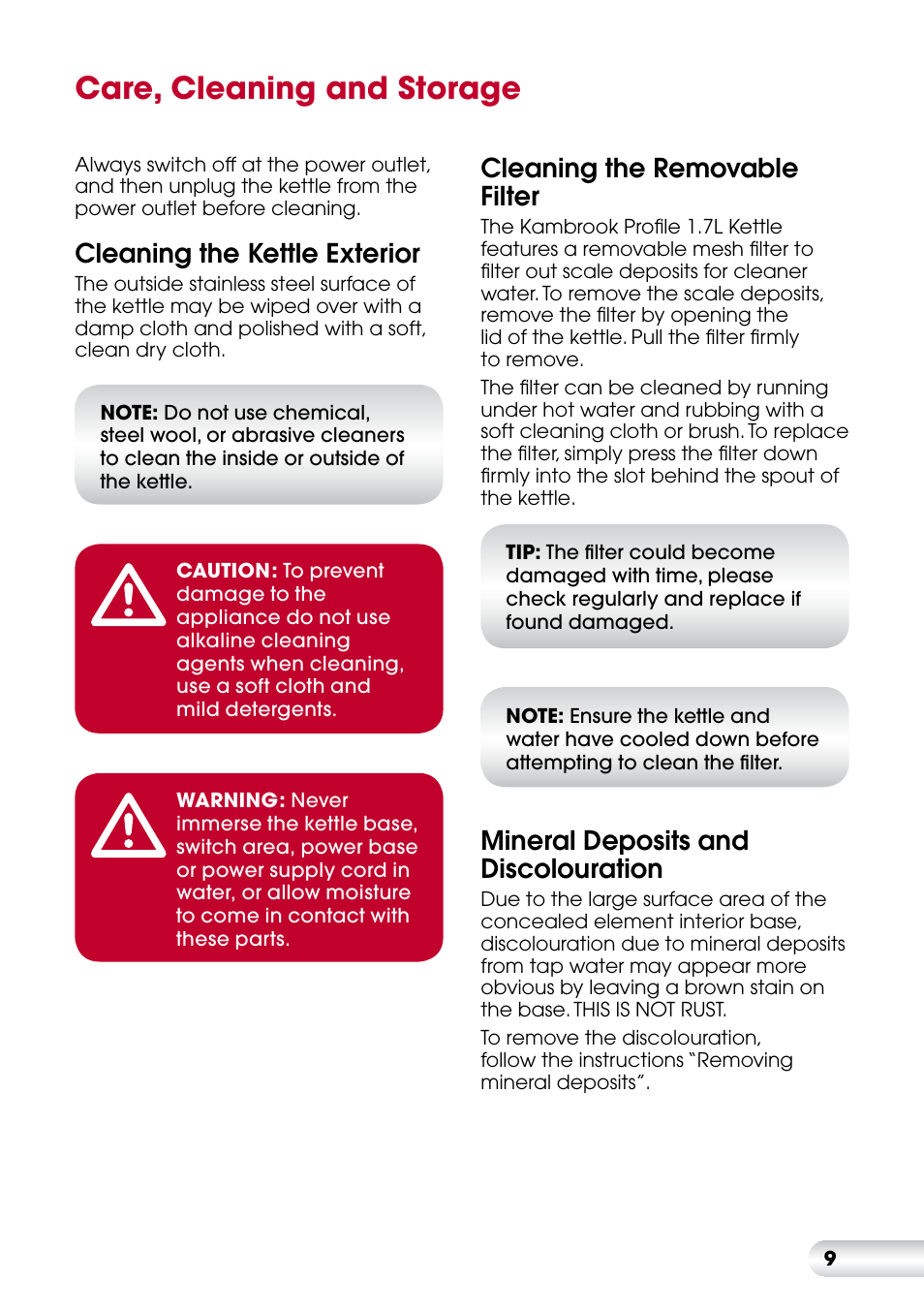Care, cleaning and storage, Cleaning the kettle exterior, Cleaning the removable filter | Mineral deposits and discolouration | Kambrook KSK210 User Manual | Page 10 / 12