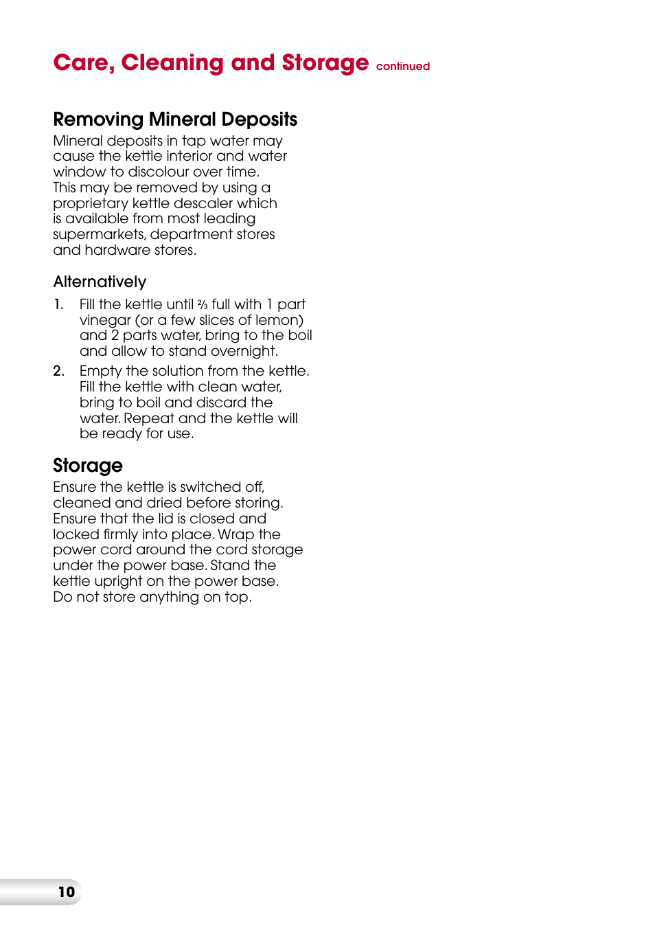 Care, cleaning and storage, Removing mineral deposits, Storage | Kambrook KSK210 User Manual | Page 11 / 12