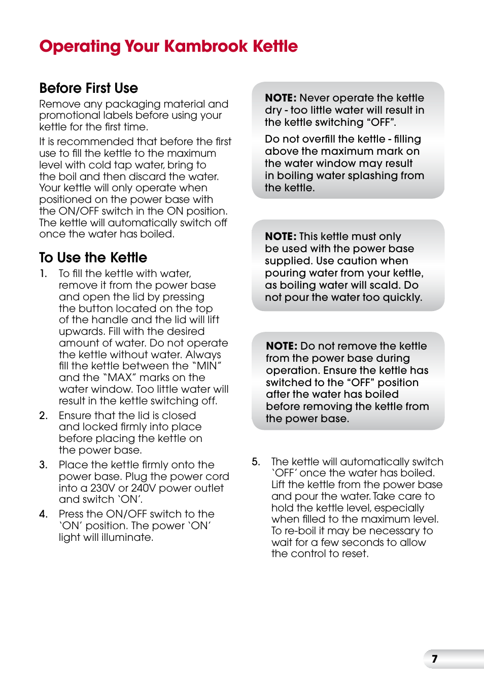 Operating your kambrook kettle, Before first use | Kambrook KSK210 User Manual | Page 8 / 12
