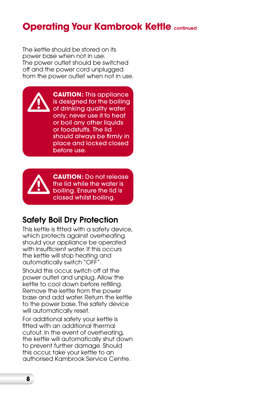 Operating your kambrook kettle, Safety boil dry protection | Kambrook KSK210 User Manual | Page 9 / 12