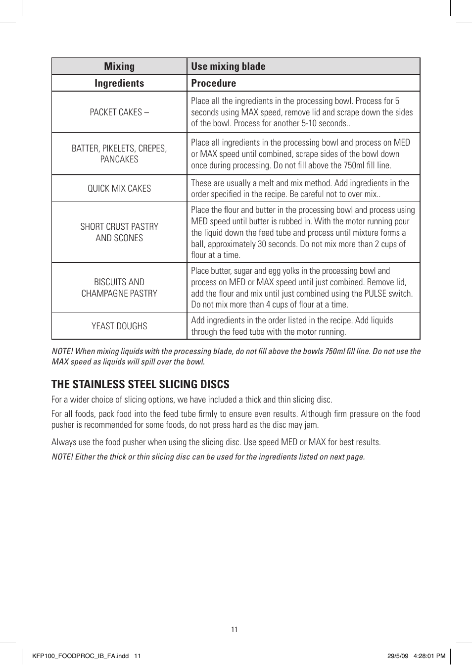 The stainless steel slicing discs | Kambrook KFP100 User Manual | Page 11 / 24