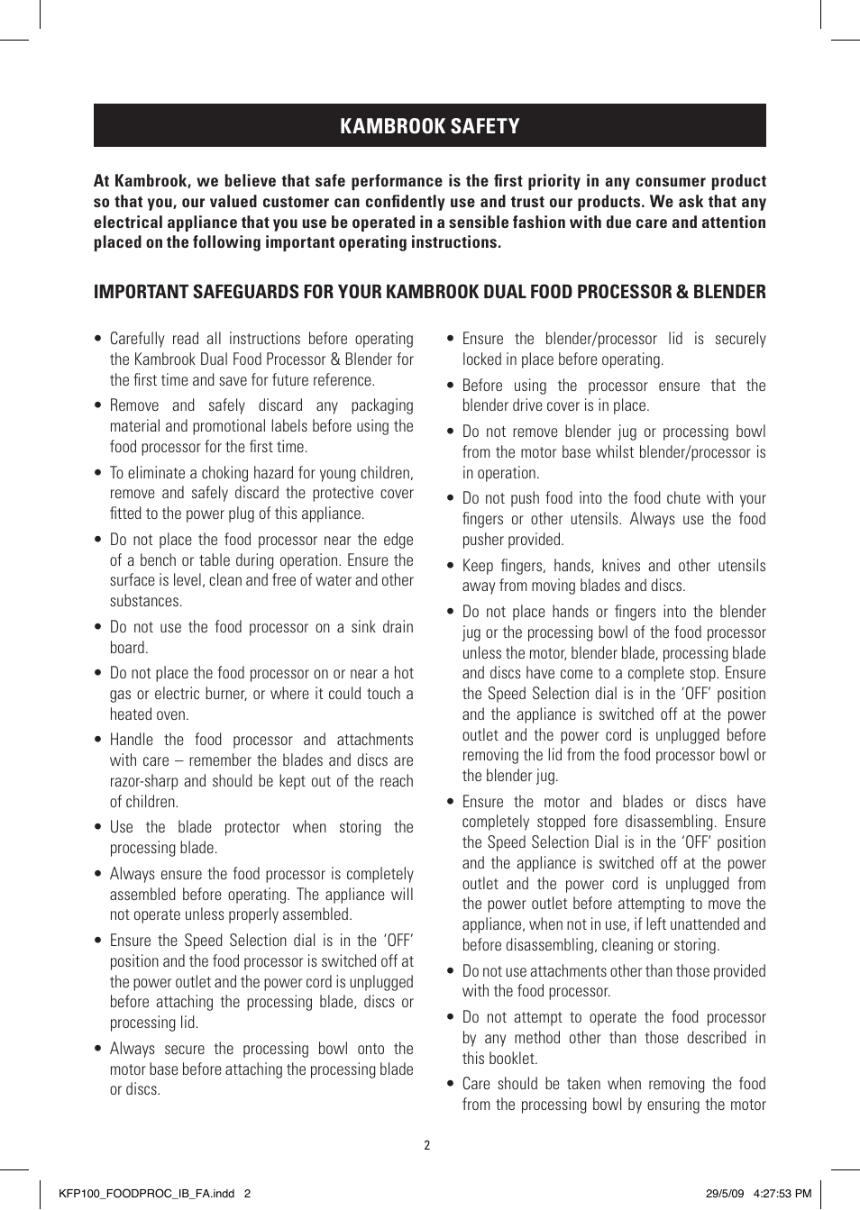 Kambrook safety | Kambrook KFP100 User Manual | Page 2 / 24