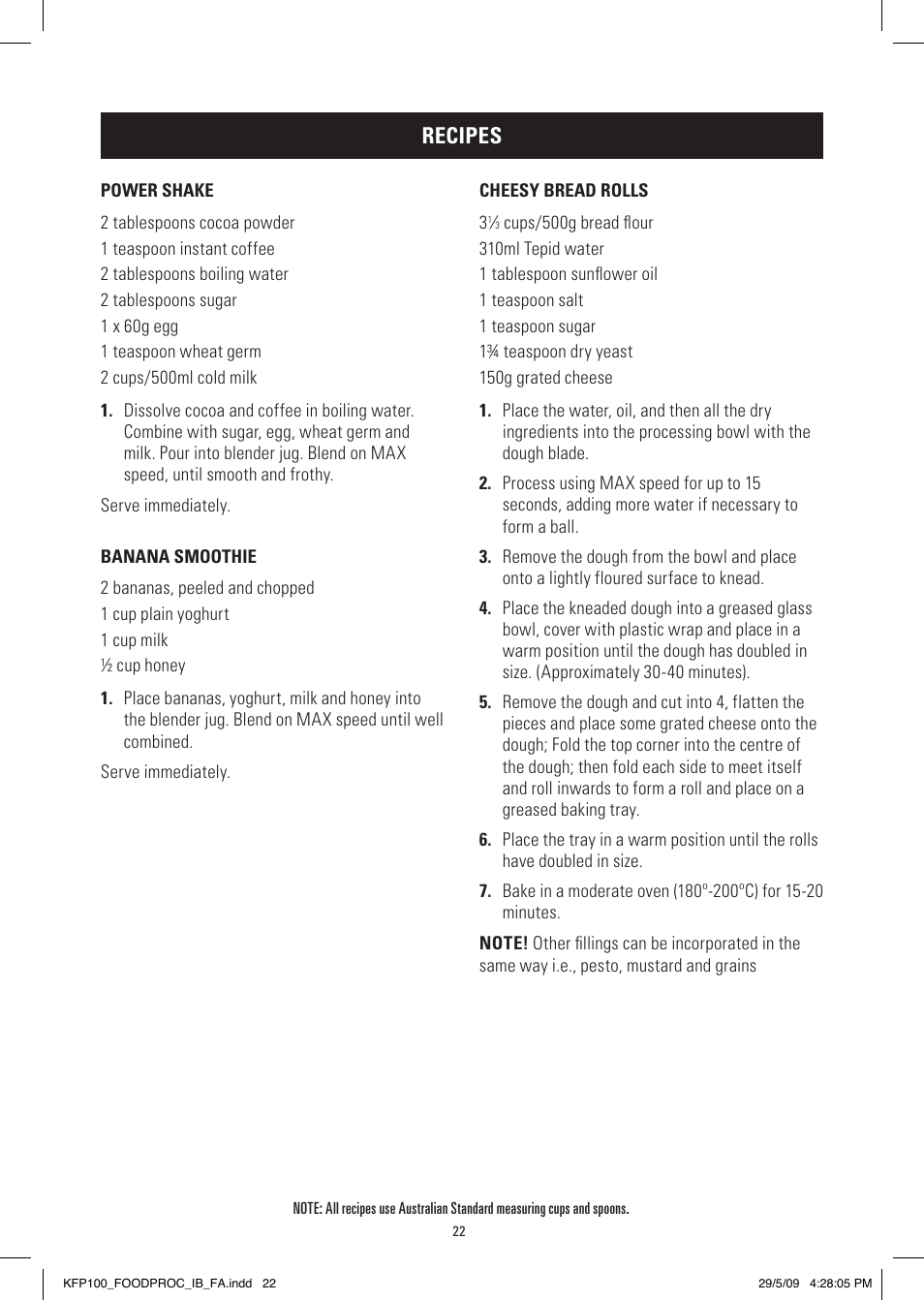 Recipes | Kambrook KFP100 User Manual | Page 22 / 24