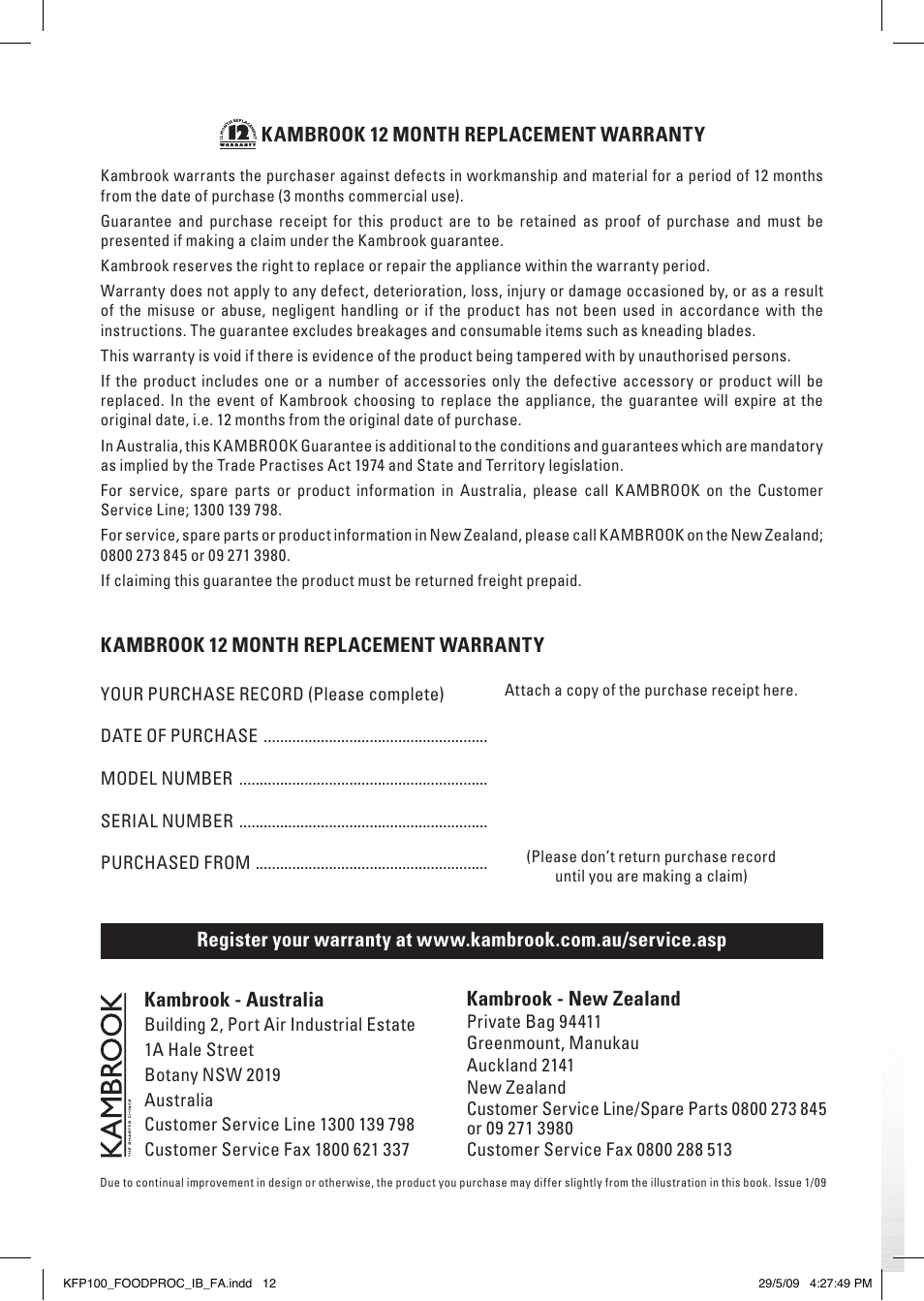 Kambrook 12 month replacement warranty, Kambrook - new zealand | Kambrook KFP100 User Manual | Page 24 / 24