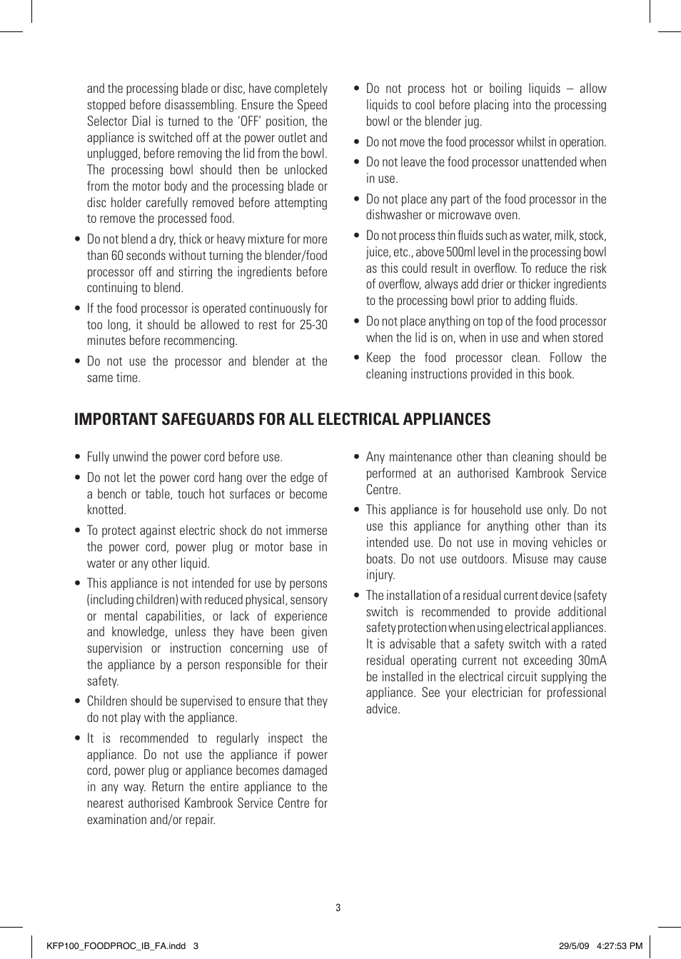 Important safeguards for all electrical appliances | Kambrook KFP100 User Manual | Page 3 / 24