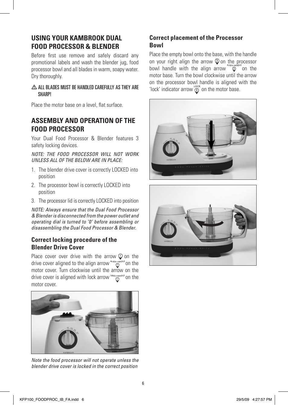 Using your kambrook dual food processor & blender, Assembly and operation of the food processor | Kambrook KFP100 User Manual | Page 6 / 24